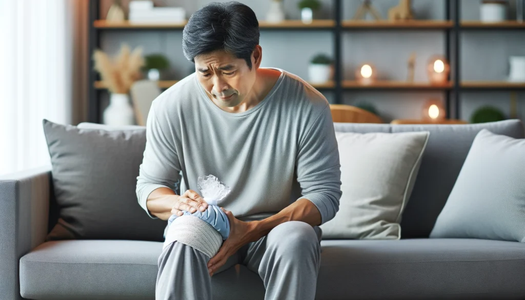 무릎 인대 통증때문에 얼음 찜질을 하고 있는 50대 남성
